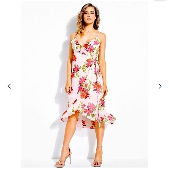 Guess-floral/picnic Plaid Wrap High Low Midi Dress (Size:Small) - Picture 1 of 11